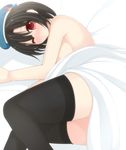  black_hair black_legwear blush breasts chimunge hat kantai_collection large_breasts looking_at_viewer lying naked_sheet on_side one_eye_closed red_eyes sideboob solo takao_(kantai_collection) thighhighs 