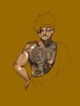  1boy brown_background chest_tattoo closed_eyes collarbone dimple facing_viewer grin hand_on_own_hip highres male_focus mimicornpop mk_(monkie_kid) monkey_tattoo monkie_kid smile solo spiked_hair sweatband tattoo upper_body 