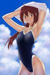  armpits breasts cameltoe competition_swimsuit covered_nipples cowboy_shot free! highleg highleg_swimsuit long_hair matsuoka_gou medium_breasts one-piece_swimsuit ponytail red_eyes red_hair solo swimsuit tsurumaki undressing 