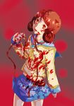  1girl blood blood_on_face bloody_clothes bloody_hands brown_eyes brown_hair corpse_party curly_hair guro long_hair open_mouth orange_eyes rope school_uniform serafuku shinohara_seiko short_hair 