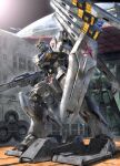  beam_rifle box_art char&#039;s_counterattack commentary_request energy_gun fake_screenshot fin_funnels glowing gundam hangar highres jegan machinery mecha mecha_focus mobile_suit morishita_naochika nu_gundam official_art promotional_art ra_cailum realistic robot science_fiction shield space spacecraft sun sunlight v-fin weapon 