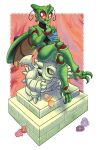  1girl :3 absurdres antennae arthropod_girl claws crossed_legs food green_carapace highres holding holding_food licking_lips monster monster_crown nefer_(monster_crown) racieb sitting sitting_on_object statue tongue tongue_out wings 