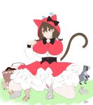  absurdres aopzx1216 bird black_ribbon brown_eyes bunny cat_(battle_cats) cat_tail highres minya nyanko_daisensou picnic_basket raccoon ribbon squirrel tail white_background 