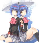  blue_hair bow brown_eyes dual_persona hairband holding holding_umbrella little_busters! multiple_girls nishizono_midori nishizono_mio pink_bow satou_aoi school_uniform shared_umbrella short_hair umbrella 