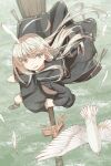  absurdres ahoge bird black_cape black_dress black_ribbon blonde_hair bow broom broom_ribbon broom_riding brown_eyes brown_footwear cape commentary dress falling_feathers feathers flying full_body gold_trim green_background hair_ribbon highres holding holding_broom huge_ahoge jewelry long_hair long_sidelocks looking_to_the_side nakamura_haco original parted_lips red_bow ribbon ring sidelocks tassel-trimmed_cape very_long_hair witch 