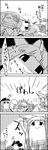  2girls 4koma animal_ears closed_eyes comic food fruit futatsuiwa_mamizou glasses greyscale hat hat_removed headwear_removed highres hinanawi_tenshi horn horn_ribbon horns ibuki_suika leaf leaf_on_head log long_hair lying monochrome multiple_girls o_o peach pince-nez raccoon_ears raccoon_tail ribbon sitting smile tail tani_takeshi touhou translated yukkuri_shiteitte_ne 