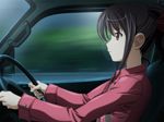  1girl brown_eyes car driving game_cg isurugi_chie katakura_shinji kira_kira motor_vehicle purple_hair vehicle 