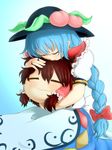  alternate_hairstyle blue_hair bow braid don9899 food fruit hakurei_reimu hat highres hinanawi_tenshi hug long_hair peach touhou yukkuri_shiteitte_ne 