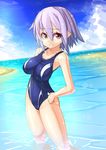  competition_swimsuit grey_hair highres one-piece_swimsuit ooyama_kina phantasy_star phantasy_star_online_2 pointy_ears red_eyes short_hair swimsuit 