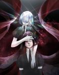  2others absurdres black_hair bort covering_eyes crystal_hair dark_background diamond_(houseki_no_kuni) elbow_gloves gem_uniform_(houseki_no_kuni) gloves glowing glowing_hair hair_over_eyes hand_on_another&#039;s_face highres houseki_no_kuni long_hair multiple_others necktie short_hair very_long_hair white_hair 