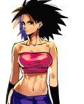  1girl arms_at_sides bangs bare_arms bare_shoulders black_eyes black_hair caulifla dragon_ball dragon_ball_super expressionless eyelashes highres looking_away multicolored_hair navel okada_(hoooojicha) pants pink_tank_top purple_hair purple_pants shaded_face simple_background solo spiked_hair standing stomach tank_top two-tone_hair upper_body white_background wristband 