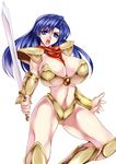  alternate_breast_size armor asou_yuuko bangs bikini_armor blue_eyes blue_hair boots breasts brooch cleavage huge_breasts jewelry knee_boots long_hair looking_at_viewer midriff neckerchief simple_background smash_daisaku solo sword telenet_japan valis valis_sword weapon white_background 