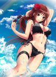  absurdres arm_up bikini black_bikini blue_sky breasts brown_eyes brown_hair cleavage cloud day flower frilled_bikini frills goggles goggles_removed hair_flower hair_ornament highres holding holding_hair legband long_hair medium_breasts navel o-ring o-ring_bikini o-ring_top ocean original outdoors rainbow shiny shiny_skin side-tie_bikini sky smile solo soyokaze swimsuit wading water wet 