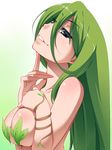  breast_suppress breasts character_request commentary_request copyright_request finger_to_chin green_hair grey_eyes hayashi_custom highres large_breasts leaf leaf_clothing long_hair outline parted_lips pasties plant smile solo vines 