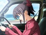  1girl brown_eyes car game_cg isurugi_chie katakura_shinji kira_kira motor_vehicle purple_hair vehicle 