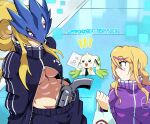  abs alternate_costume alternate_hairstyle beelstarmon black_coat black_pants blonde_hair breasts coat digimon digimon_(creature) digimon_card_game digimon_liberator eye_mask green_eyes group_picture highres horns jacket large_breasts long_hair midriff multicolored_hair muscular muscular_female open_clothes open_coat pants ponytail purple_eyes purple_hair purple_jacket single_horn supermondobeat terriermon terriermon_joshu third_eye track_jacket two-tone_hair violet_inboots 