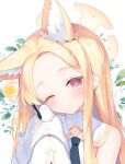  &gt;_o 1girl animal animal_ear_fluff animal_ears bird blonde_hair blue_archive blush commentary_request floral_background flower forehead halo light_smile long_hair long_sleeves looking_at_viewer one_eye_closed red_eyes sazaki_ichiri seia_(blue_archive) smile solo upper_body white_flower yellow_halo 