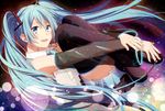  akatsuki_(4941086) aqua_eyes aqua_hair bad_id bad_pixiv_id boots detached_sleeves fetal_position full_body hatsune_miku long_hair nail_polish plantar_flexion solo thigh_boots thighhighs twintails very_long_hair vocaloid 