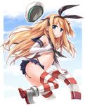  :&lt; black_panties blonde_hair blue_eyes blush boots borrowed_character cosplay elbow_gloves gloves grey_footwear hair_ribbon hairband hat highleg highleg_panties highres innertube kantai_collection long_hair looking_at_viewer moegi_nenene navel original panties ribbon shimakaze_(kantai_collection) shimakaze_(kantai_collection)_(cosplay) shimotsuki_potofu skirt solo striped striped_legwear thighhighs torn_clothes two_side_up underwear white_gloves 