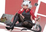  1girl absurdres alcohol black_footwear black_horns black_nails black_vest blush bottle computer demon demon_girl demon_horns demon_tail grumpy hand_on_own_face helltaker highres holding holding_bottle horns laptop looking_at_viewer malina_(helltaker) pandawei pantyhose red_eyes red_shirt shirt short_hair sitting tail vest vodka white_hair 