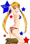  american_flag_bikini arched_back armpits arms_behind_head ass bikini blonde_hair boots breasts bubble_blowing character_name chewing_gum cowboy_boots flag_print food green_eyes highres long_hair looking_at_viewer looking_back medium_breasts monica_adenauer nikoru_(nikolaschka-tnb) shiny shiny_skin side-tie_bikini sideboob solo string_bikini swimsuit twintails yakitate!!_japan 