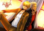  archer bad_id bad_pixiv_id blonde_hair command_spell copyright_name dark_skin dark_skinned_male earrings fate/extra fate/extra_ccc fate_(series) gakuran gilgamesh jewelry logo male_focus multiple_boys red_eyes school_uniform ty_1865 white_hair 