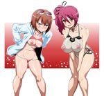  2girls areolae bare_shoulders bikini blue_eyes bra bra_lift breast_envy breasts brown_eyes brown_hair cheria_barnes female goggles hokuto_(tokuho) huge_breasts large_breasts leaning_forward lingerie long_hair looking_at_viewer multiple_girls nipples open_clothes puffy_nipples purple_hair red_bikini rita_mordio see-through shirt short_hair side_ponytail sred_bikini standing swimsuit tales_of_(series) tales_of_graces tales_of_vesperia underwear 