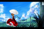  blonde_hair blue_sky cloud day expressionless flandre_scarlet grass hat hat_ribbon highres hill letterboxed mob_cap outdoors parasol power_lines profile puffy_short_sleeves puffy_sleeves red_eyes ribbon short_hair short_sleeves side_ponytail skirt skirt_set sky solo touhou umbrella untsue wind wings 