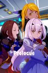  3girls aiguillette black_bow black_dress black_gloves blonde_hair blue_cape blue_dress blue_gloves blush bow breasts brown_dress brown_hair cape chin_piercing closed_eyes dark-skinned_female dark_skin dragon_girl dragon_horns dress echo_(circa) elbow_gloves facial_mark fate/grand_order fate_(series) flower forehead forked_eyebrows fur_collar gloves hair_bow horns large_breasts leonardo_da_vinci_(fate) leonardo_da_vinci_(rider)_(fate) leonardo_da_vinci_(rider)_(first_ascension)_(fate) long_hair long_sleeves melusine_(fate) melusine_(second_ascension)_(fate) multiple_girls open_mouth parted_bangs ponytail puff_and_slash_sleeves puffy_short_sleeves puffy_sleeves red_skirt short_sleeves sidelocks skirt small_breasts swept_bangs vritra_(fate) vritra_(second_ascension)_(fate) white_hair yellow_eyes 