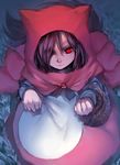  animal_ears basket dress from_above hair_over_one_eye highres hood imaizumi_kagerou little_red_riding_hood madcocoon red_eyes red_hair smile solo touhou 