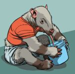 ambiguous_gender anteater anthro brown_body brown_fur bucket claws clothed clothing container eating frederik_peeters fur grey_body grey_fur hi_res human long_tongue mammal mid_transformation midriff pilosan simple_background sitting solo the_animal_kingdom_(film) tongue tongue_out transformation white_body white_fur xenarthran