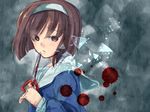  1girl blood blue_dress broken_glass brown_eyes brown_hair corpse_party glass hairband headband loli mochida_yuka school_dress scissors short_hair solo 