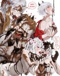  2girls black_horns blush breasts chocolate chocolate_on_ass chocolate_on_body chocolate_on_breasts chocolate_on_face chocolate_on_hand chocolate_on_head chocolate_on_tongue chocolate_trail demon demon_girl demon_horns demon_tail english_text food food_on_body food_on_face food_on_hand fruit heart heart-shaped_pupils helltaker highres horns long_hair looking_up malina_(helltaker) modeus_(helltaker) multiple_girls nipples open_clothes open_shirt red_eyes red_lips red_shirt saliva saliva_trail sharp_teeth shirt short_hair speech_bubble strawberry symbol-shaped_pupils tail teeth white_hair zablanka 