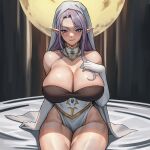  1girl absurdres breasts commission elbow_gloves facial_mark gloves heart heart_facial_mark highres huge_breasts long_hair looking_at_viewer original pointy_ears purple_eyes purple_hair seventeencrows smile solo white_gloves 