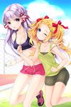  bad_id bad_pixiv_id bandaid_on_forehead bare_shoulders bike_shorts blonde_hair blue_eyes bottle breasts chain-link_fence cleavage clenched_hand collarbone fence frett hair_ribbon juna lavender_hair medium_breasts multiple_girls pintail purple_eyes red_ribbon ribbon running shirt shoes short_shorts shorts sleeveless sleeveless_shirt sneakers sports_bra sportswear sword_girls tank_top water_bottle 