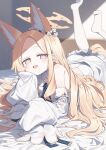  1girl :d animal_ear_fluff animal_ears blonde_hair blue_archive blush commentary_request cross_halo detached_sleeves dress extra_ears flower_wreath forehead fox_ears gradient_eyes hair_spread_out halo hand_up head_rest highres indoors legs_up long_hair looking_at_viewer lying multicolored_eyes no_shoes on_bed on_stomach open_mouth pantyhose parted_bangs seia_(blue_archive) single_bare_shoulder sleeve_bow sleeveless sleeveless_dress sleeves_past_fingers sleeves_past_wrists smile striped_clothes striped_pantyhose the_pose vertical-striped_clothes vertical-striped_pantyhose very_long_hair wagashi928 white_dress white_pantyhose yellow_halo 