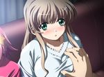  1girl blush breast_grab brown_hair game_cg grabbing green_eyes kashiwara_sarina katakura_shinji kira_kira pajamas 