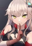  1girl bat_hair_ornament black_gloves breasts charlotta_skopovskaya collar collarbone fang finger_to_mouth gloves grey_hair hair_bun hair_ornament heaven_burns_red long_hair looking_at_viewer negino_yurine single_hair_bun solo yellow_eyes 