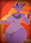 absurd_res anthro big_breasts big_butt book breasts butt chest_(disambiguation) clothed clothing collar curtains curtains_open female fur hat headgear headwear hi_res lagomorph leporid mammal orange_background panties pantsless purple_body purple_fur rabbit rabbit_shopkeeper sharkyrakun simple_background smile solo thick_thighs topwear undertale_(series) underwear