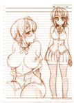  bad_id bad_pixiv_id blush breasts kusanagi_tonbo large_breasts looking_at_viewer monochrome nipples open_clothes open_shirt original school_uniform shirt short_hair sketch smile solo thighhighs 