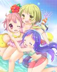  ahoge alternate_hairstyle arm_hug bikini blonde_hair blue_hair blush closed_eyes double_arm_hug girl_sandwich hinata_yukari ichii_yui long_hair multiple_girls navel nonohara_yuzuko open_mouth pink_hair ponytail red_eyes ribbon rin_(fuwarin) sandwiched short_hair sweatdrop swimsuit yellow_eyes yuyushiki 