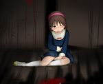  1girl blood blue_dress blue_eyes brown_hair corpse_party crying hairband headband mochida_yuka panties pantyshot peeing school_dress short_hair sitting socks tears underwear 