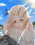  3girls ahoge blonde_hair blue_overskirt brown_hair cardigan collarbone commission gakuen_idolmaster giant giantess hair_ornament hairclip hanami_ume highres idolmaster kuramoto_china long_hair multiple_girls myself_skeb open_mouth orange_eyes outdoors pink_cardigan school_uniform shinosawa_hiro signature skeb_commission smile translation_request 