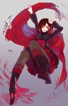  absurdres boots cape character_name copyright_name highres pantyhose petals red_hair rose_petals ruby_rose rwby scythe short_hair skirt solo 