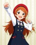  1girl :d arm_up beret black_dress blush breasts buttons clenched_hands collar collared_shirt cowboy_shot diagonal-striped_ribbon dot_nose dress elementary_schoolmate_(idolmaster) emblem hand_up hat idolmaster idolmaster_million_live! idolmaster_million_live!_theater_days long_hair long_sleeves looking_at_viewer neck_ribbon official_alternate_costume official_art ogami_tamaki open_mouth orange_eyes orange_hair parted_bangs pinafore_dress pocket red_hat ribbon round_collar shirt sidelocks sleeveless sleeveless_dress small_breasts smile solo uniform_series_(idolmaster) v-shaped_eyebrows white_collar 