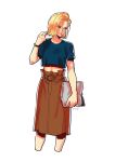  1girl absurdres alternate_costume android_18 arm_at_side bag bangs bare_legs belly_peek belt blonde_hair blue_eyes blue_shirt bracelet brown_skirt dragon_ball dragonball_z expressionless eyebrows_visible_through_hair eyelashes eyes_visible_through_hair fingernails hand_in_hair handbag highres holding holding_bag jewelry long_skirt looking_away okada_(hoooojicha) parted_lips shaded_face shirt short_hair short_sleeves simple_background skirt solo standing upper_body white_background 