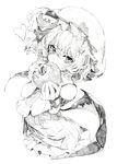  apple bare_shoulders bat_wings brooch food fruit graphite_(medium) greyscale hat heart highres jewelry mob_cap monochrome oshake remilia_scarlet short_hair simple_background solo touhou traditional_media wings 