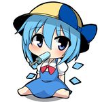  alternate_headwear blue_dress blue_eyes blue_hair bow chibi cirno dress food hat hat_bow ice ice_wings looking_at_viewer mouth_hold popsicle puffy_sleeves shirt short_sleeves simple_background sitting solo touhou twumi wariza white_background wings 