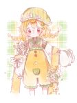  1girl :3 artist_name blonde_hair blush border bouquet bow braid brown_eyes chinese_commentary closed_mouth cloud_print collared_shirt commentary_request commission cropped_legs dot_nose eyelashes floating_hair flower flower_brooch frilled_headwear frilled_shirt_collar frilled_sleeves frills green_background hair_between_eyes hair_ornament hair_tubes hairclip hat hat_flower heart heart_hair_ornament highres holding holding_bouquet kitakiyo long_hair long_sleeves looking_at_viewer mob_cap original outline outside_border overalls plaid_background pocket puffy_long_sleeves puffy_sleeves rabbit_pose shirt sleeves_past_fingers sleeves_past_wrists smile solo standing tareme twin_braids watermark white_border white_bow white_flower white_outline white_shirt x_hair_ornament yellow_hat yellow_overalls 