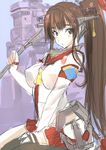  akasaai bare_shoulders blush breasts brown_hair hair_ornament highres hip_vent japanese_clothes kantai_collection large_breasts long_hair looking_at_viewer ponytail solo yamato_(kantai_collection) 